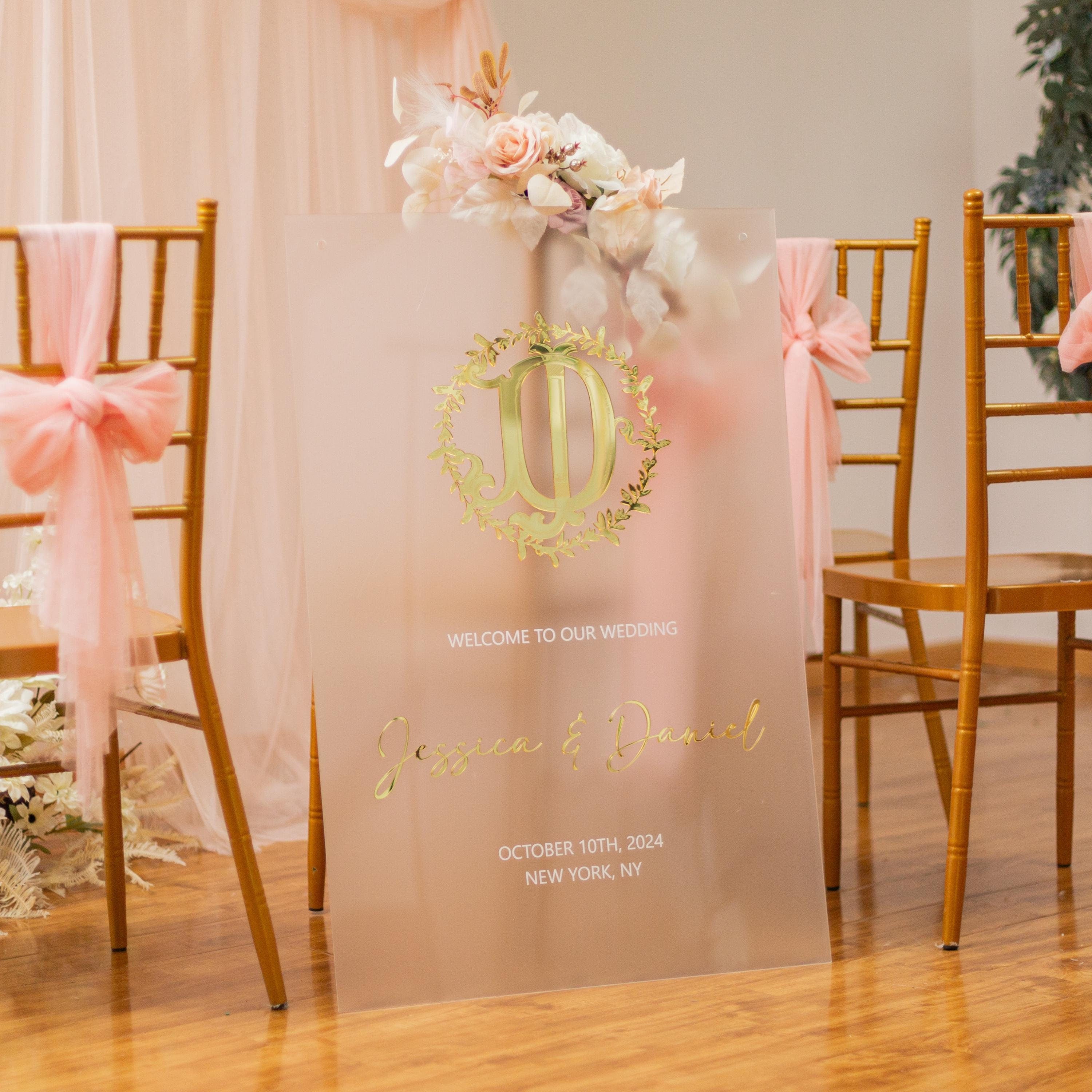 Frosted Acrylic Wedding Welcome Sign | Gold 3D Mirror Initial & Names thumbnail 2