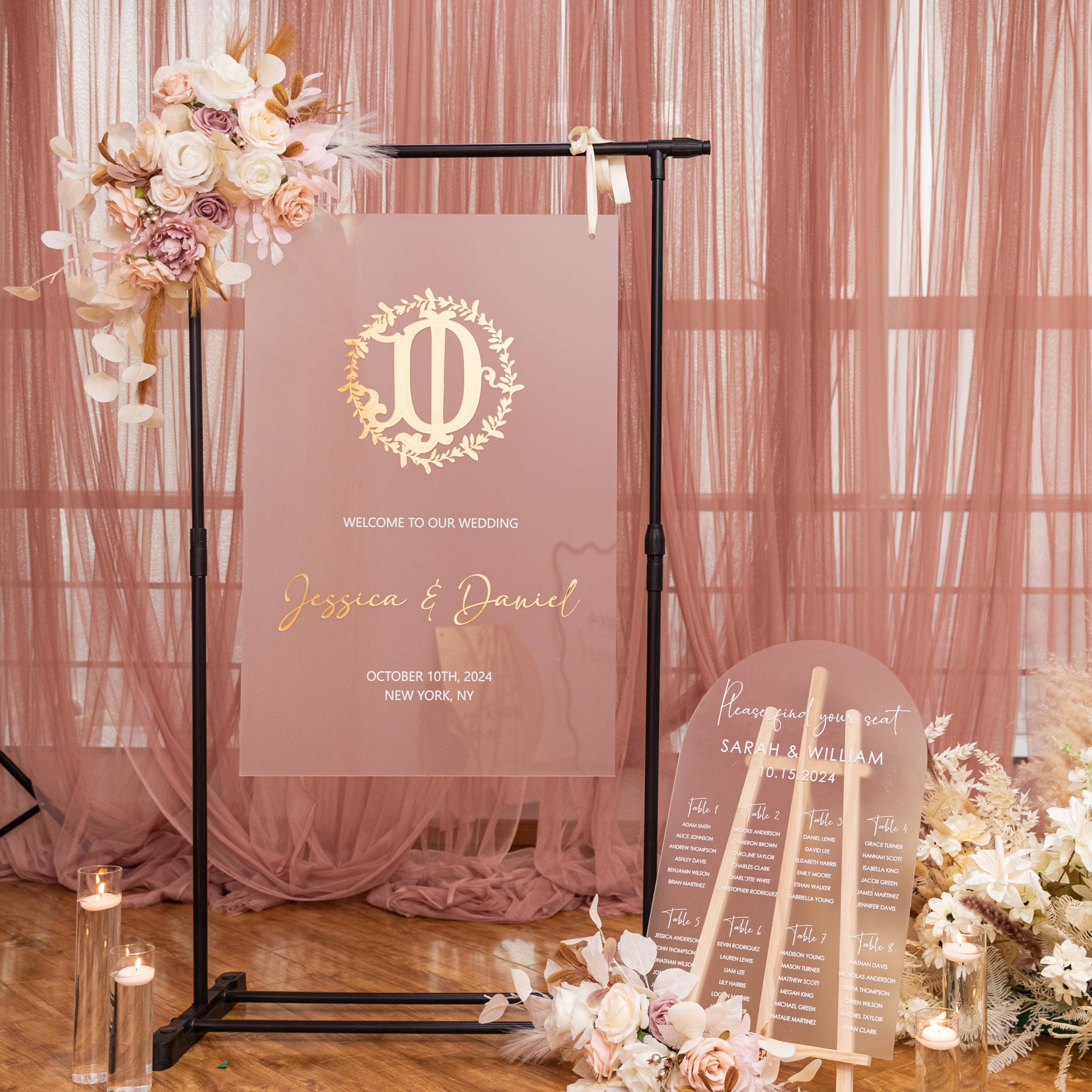 Frosted Acrylic Wedding Welcome Sign | Gold 3D Mirror Initial & Names thumbnail 3