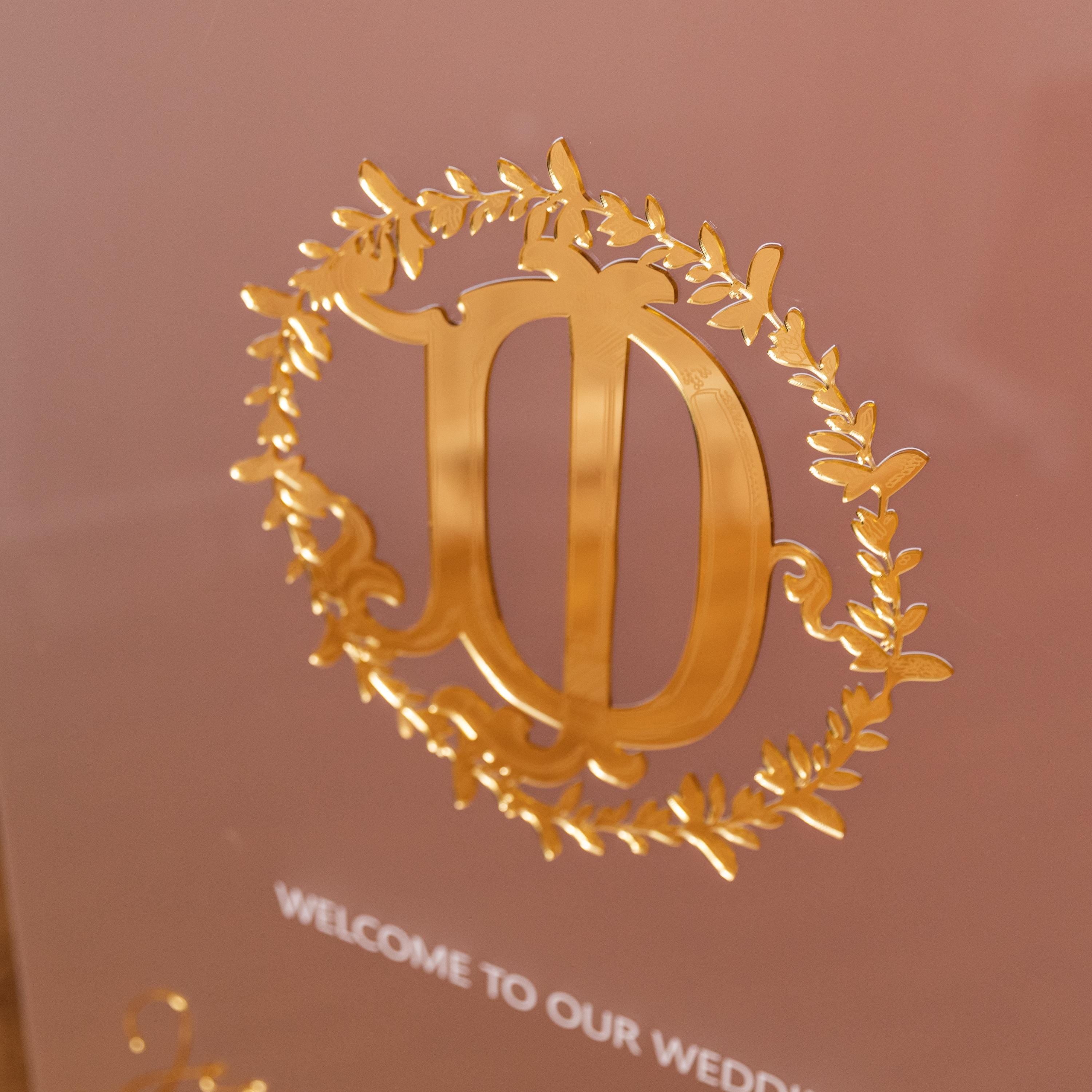 Frosted Acrylic Wedding Welcome Sign | Gold 3D Mirror Initial & Names thumbnail 4