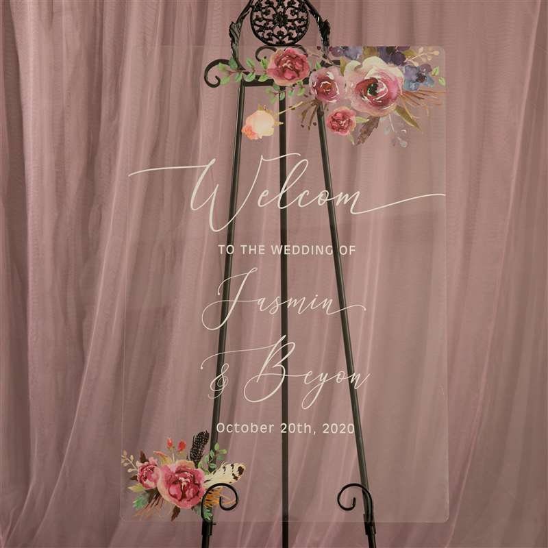 Floral Wreath Acrylic Wedding Welcome Sign, Personalized Calligraphy image 1