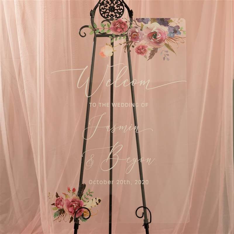 Floral Wreath Acrylic Wedding Welcome Sign, Personalized Calligraphy thumbnail 4