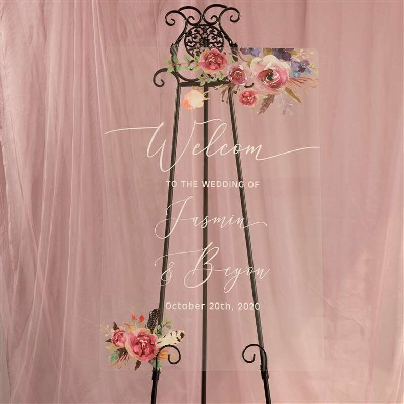 Floral Wreath Acrylic Wedding Welcome Sign, Personalized Calligraphy thumbnail 5