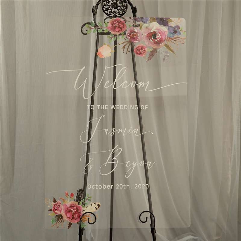 Floral Wreath Acrylic Wedding Welcome Sign, Personalized Calligraphy thumbnail 6