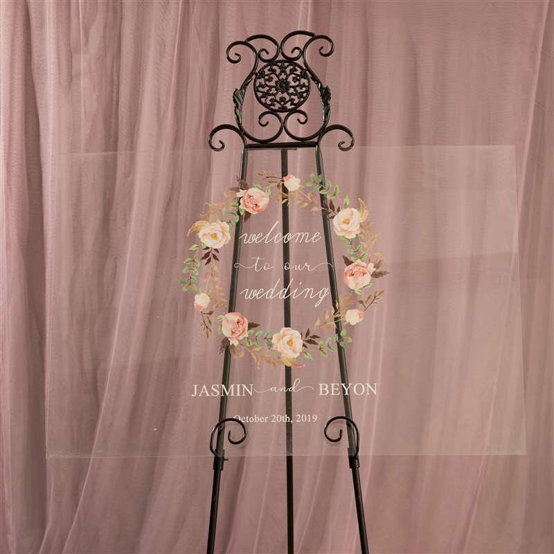 Floral Wreath Acrylic Wedding Welcome Sign, Personalized Calligraphy image 1