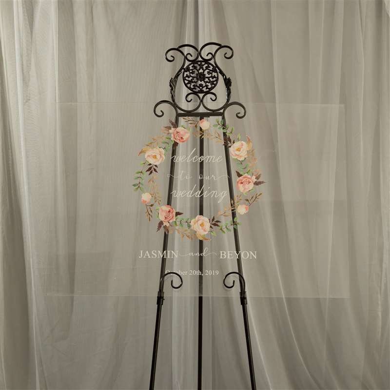 Floral Wreath Acrylic Wedding Welcome Sign, Personalized Calligraphy thumbnail 4