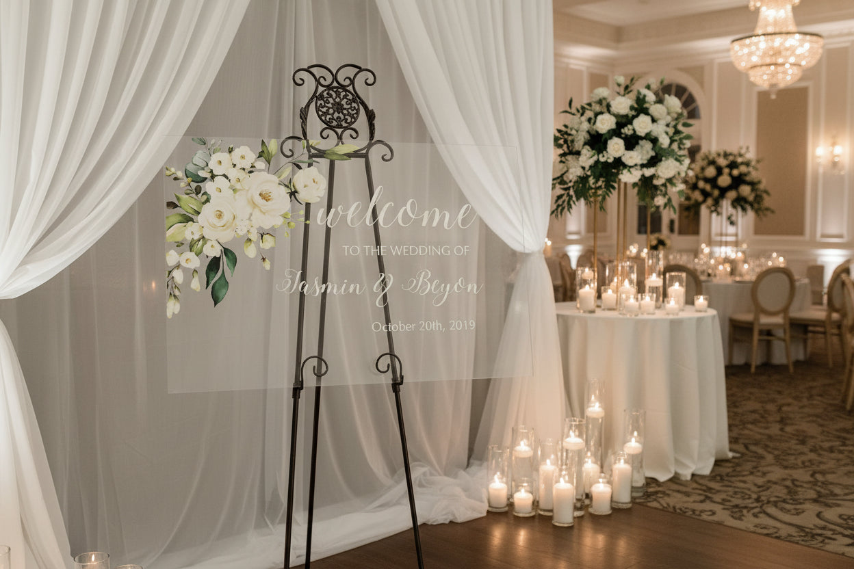 White Elegant Floral Acrylic Welcome Sign image 1