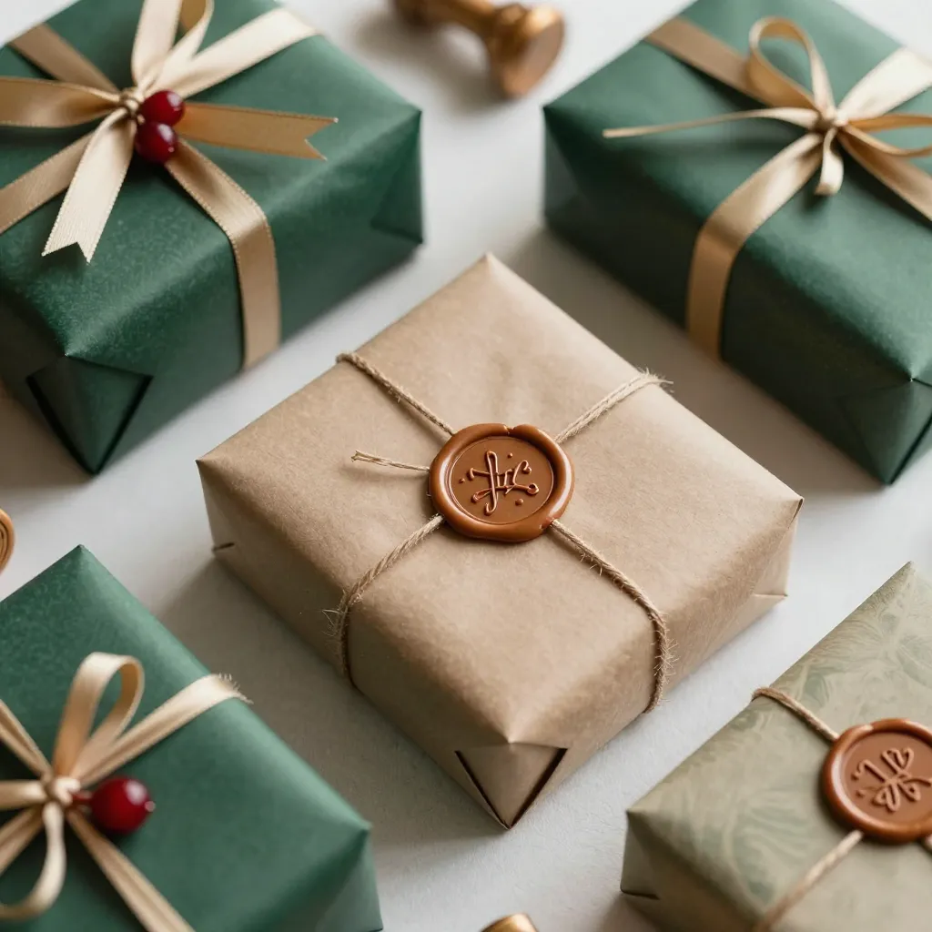 Holiday packaging styled with seasonal wax seals