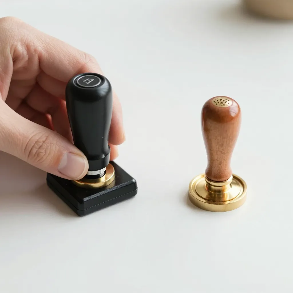 Handheld embosser and wax seal stamp side-by-side comparison