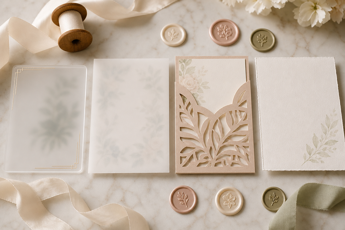 Custom wedding invitation materials compared in a layered suite