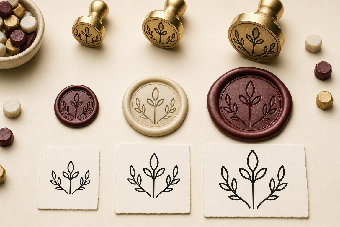 Multiple custom stamp heads showing different design detail levels