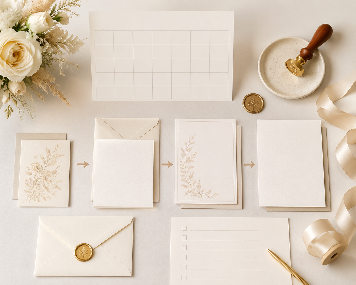 Wedding stationery suite with invitation timeline planning details