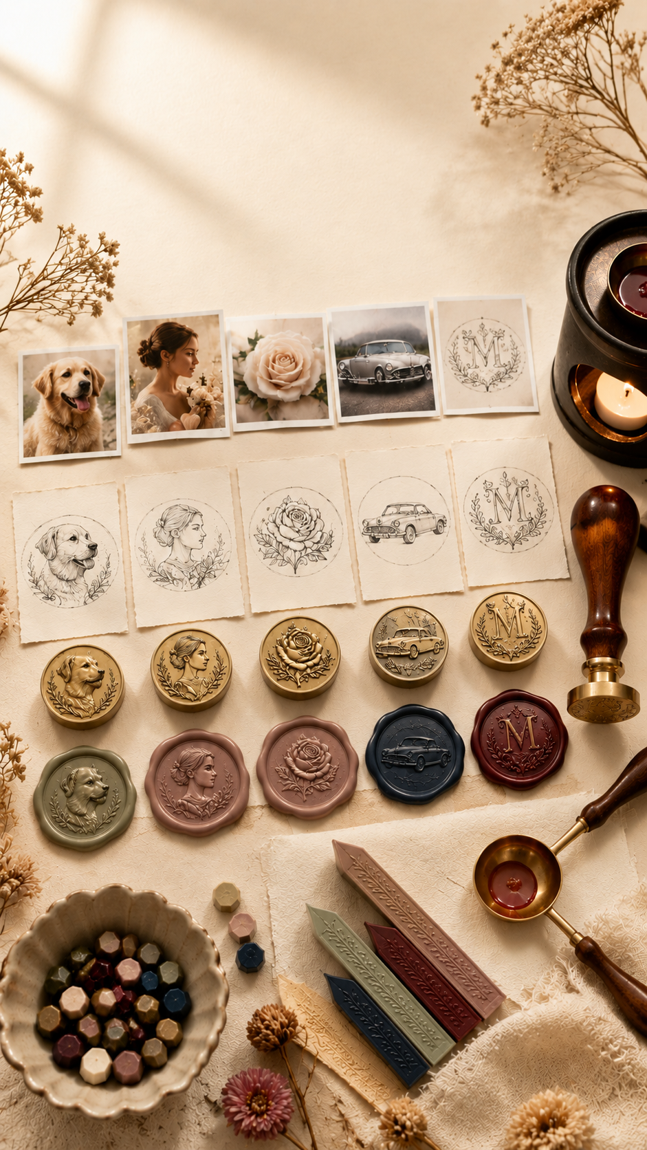 Custom wax seal stamp artwork from photos, pets, flowers, portraits, and cars